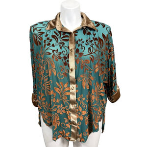 Umgee Teal Burnout Floral Button Front Blouse Size Large High Low Hem